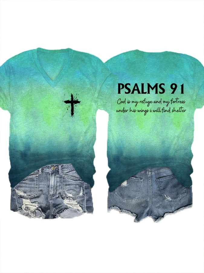 Women's Psalms 91 Bible Verse Printed V-Neck T-Shirt