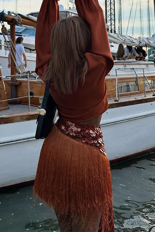Velora Fringe Tassel Sequin High Waist Short Skirt