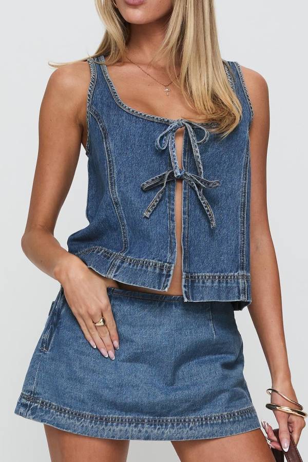 Denim Tie‑Front Vest & Mini Skirt Two‑Piece Set