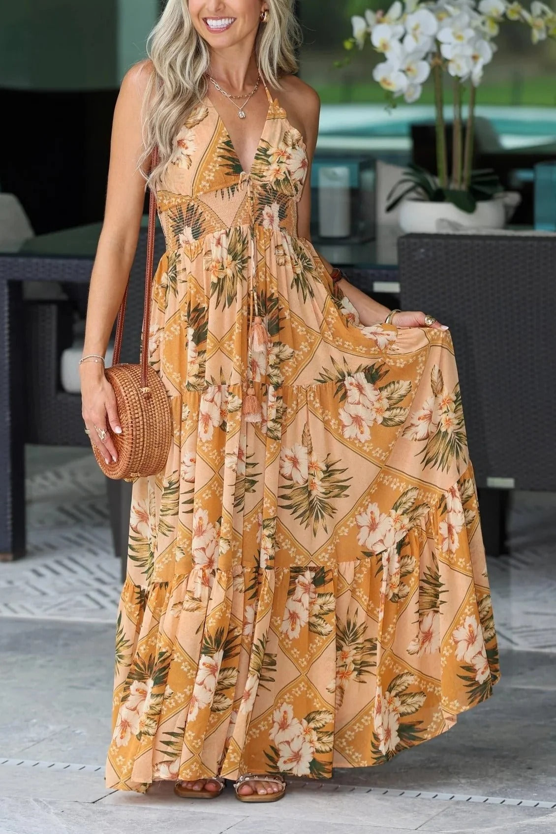 Tropical Hibiscus Halter Maxi Dress
