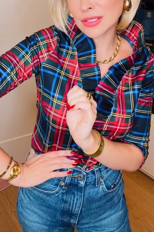 Duke of York Holiday Plaid Ruffle Stand Neck Half Sleeve Blouse