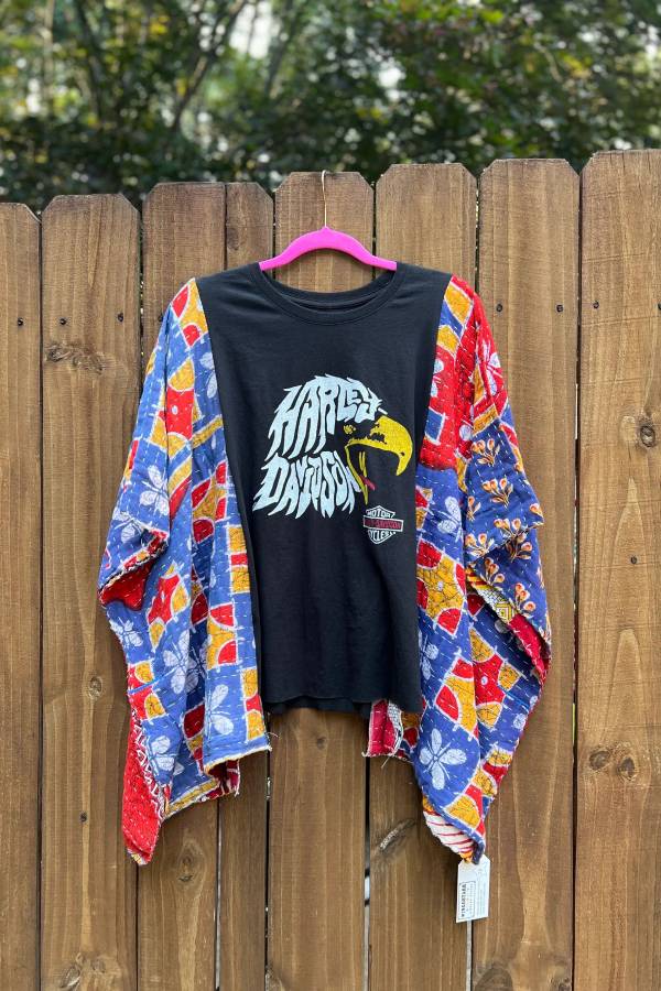 Harley Eagle Kantha Patchwork Batwing Sleeve Cropped T-Shirt