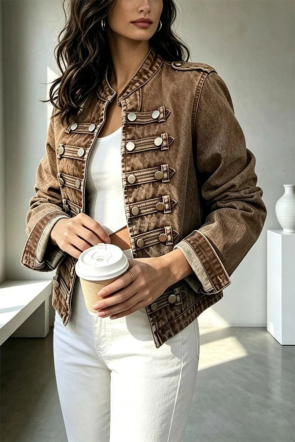 Napoleon-style Denim Stand Neck Metal Buttons Long Sleeve Jacket