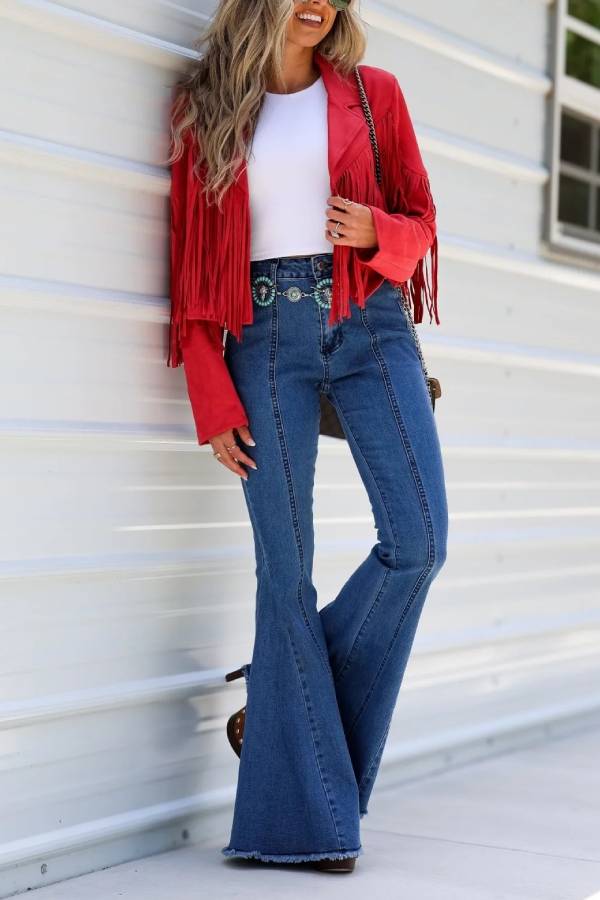 Western Style Red Fringe Cropped Jacket