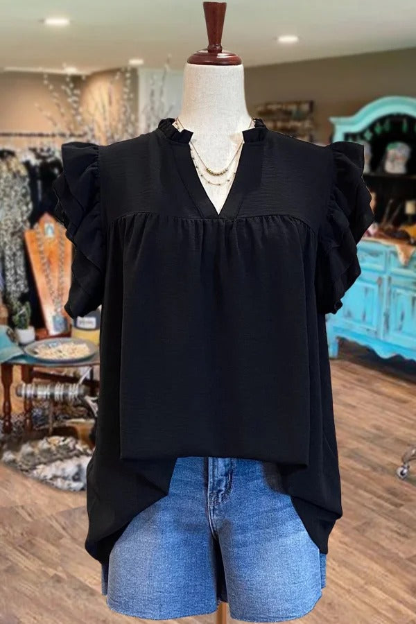 Solid V-Neck Ruffle Sleeve Top