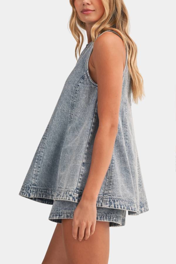 Vintage Wash Sleeveless A-Line Denim Top & Shorts Set