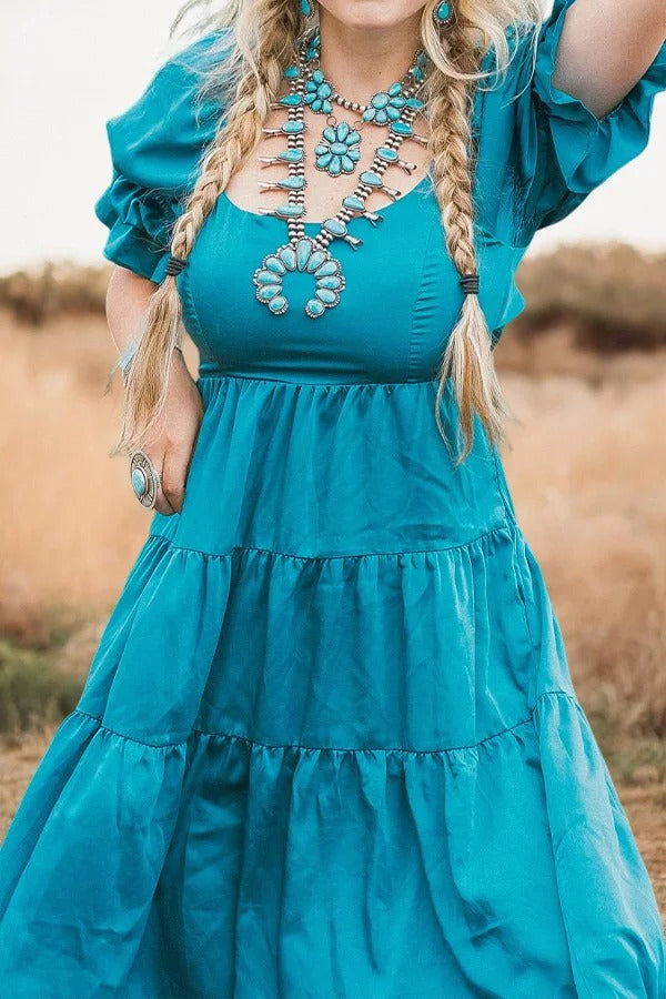 Turquoise Puff Sleeve Dress