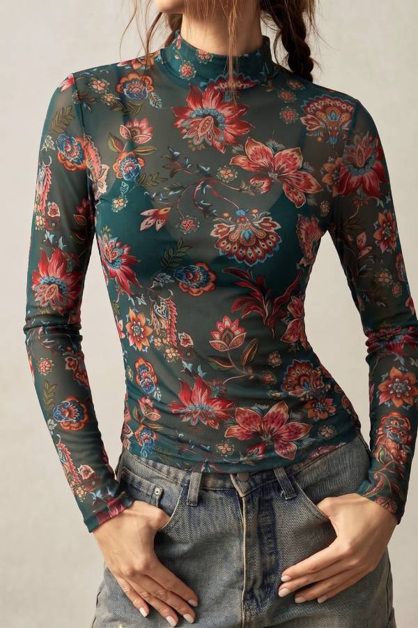 Vintage Floral Mesh Mock Neck Top