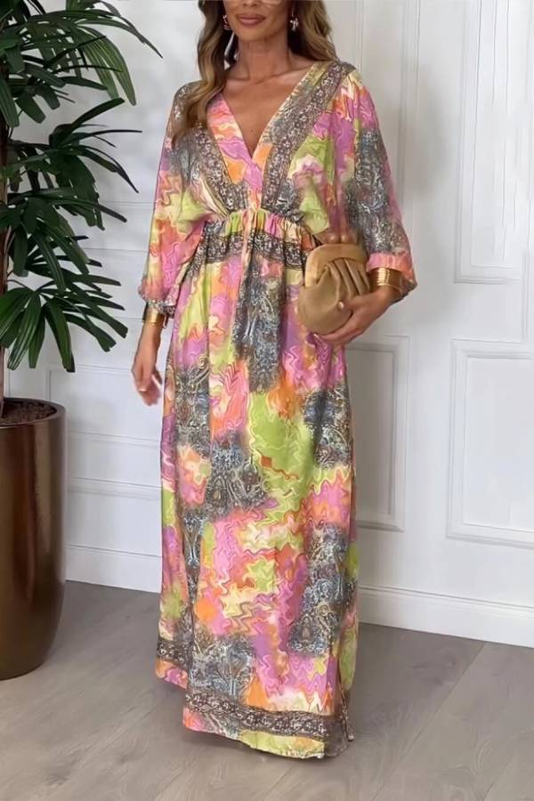 Summer Bold Floral Print Elastic Waist Backless Slit Casual Maxi Dress