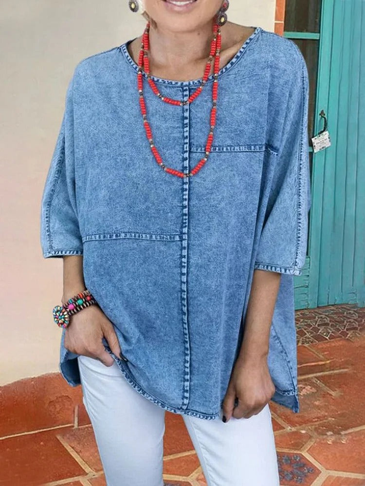 Casual Plain Half Sleeve Spliced Denim Loose Shirt