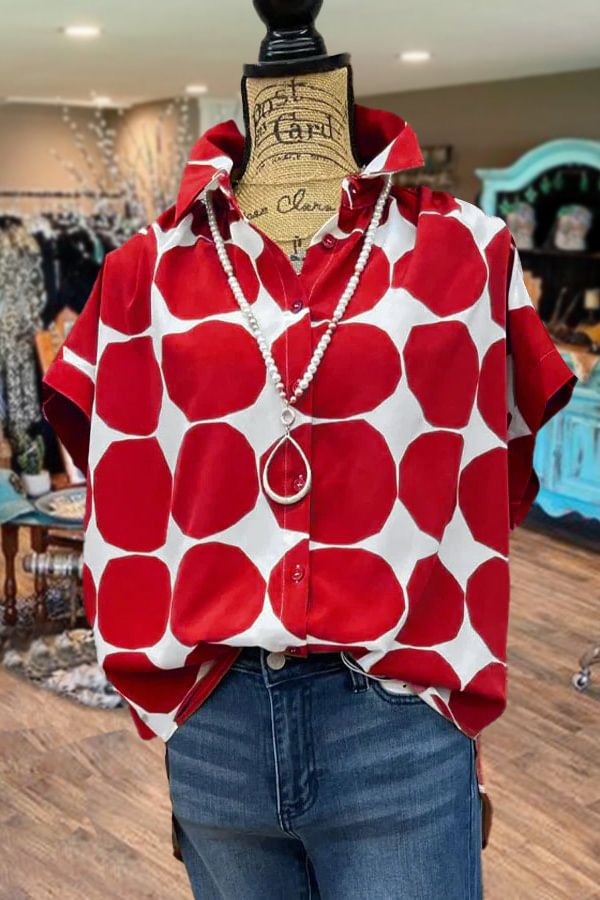 Polka Dot Print Collared Button Up Side Slit Blouse