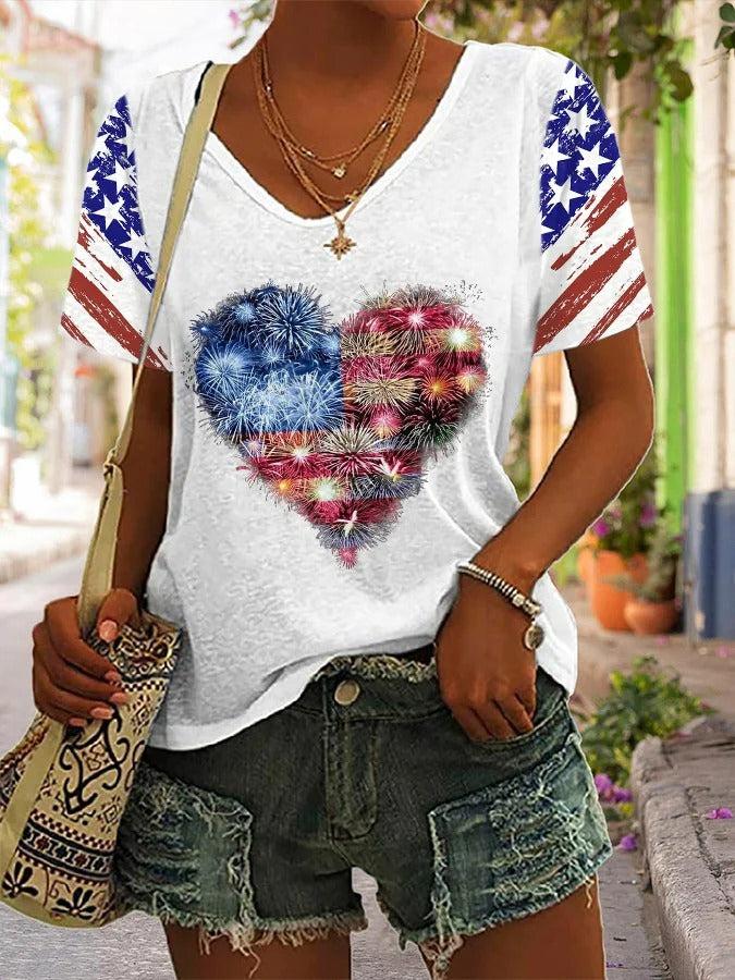 Women'S V-Neck Independence Day Vintage Flag Firework Print Casual T-Shirt