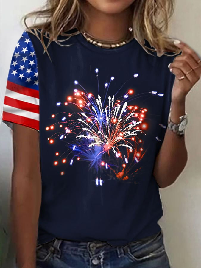 Women's Flag Fireworksa Independence Day Print Casual T-Shirt