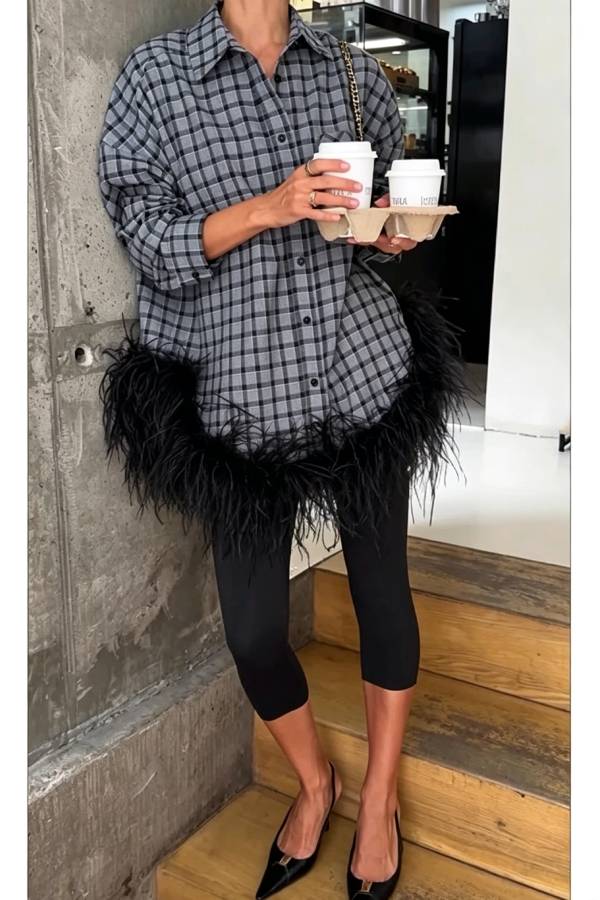 Dylan Plaid Print Long Sleeve Feather Trim Hem Pocket H-line Loose Blouse