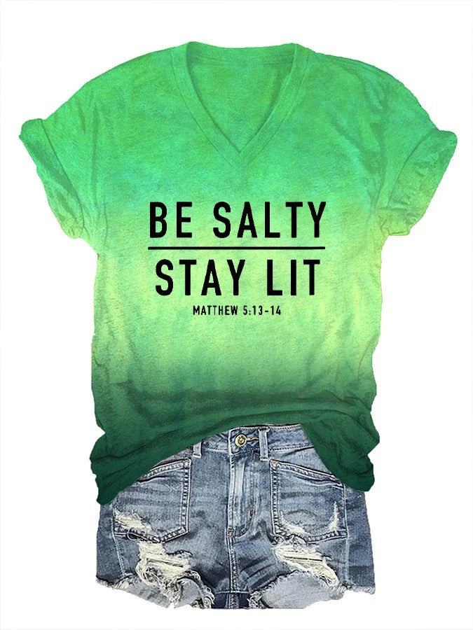 Women's Be Salty And Stay Lit Printed V-Neck T-Shirt