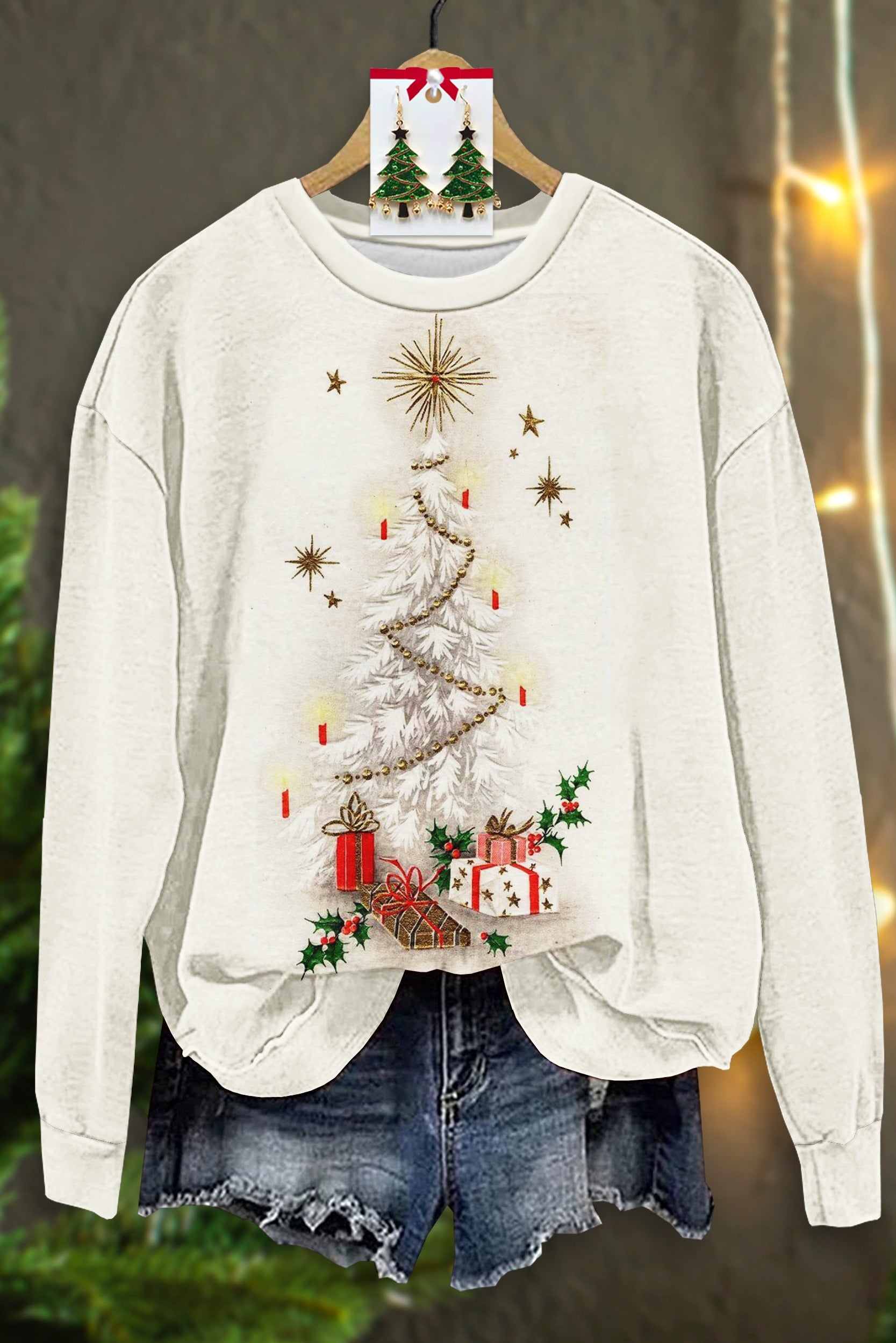 Casual Christmas Tree Print Long Sleeve Top