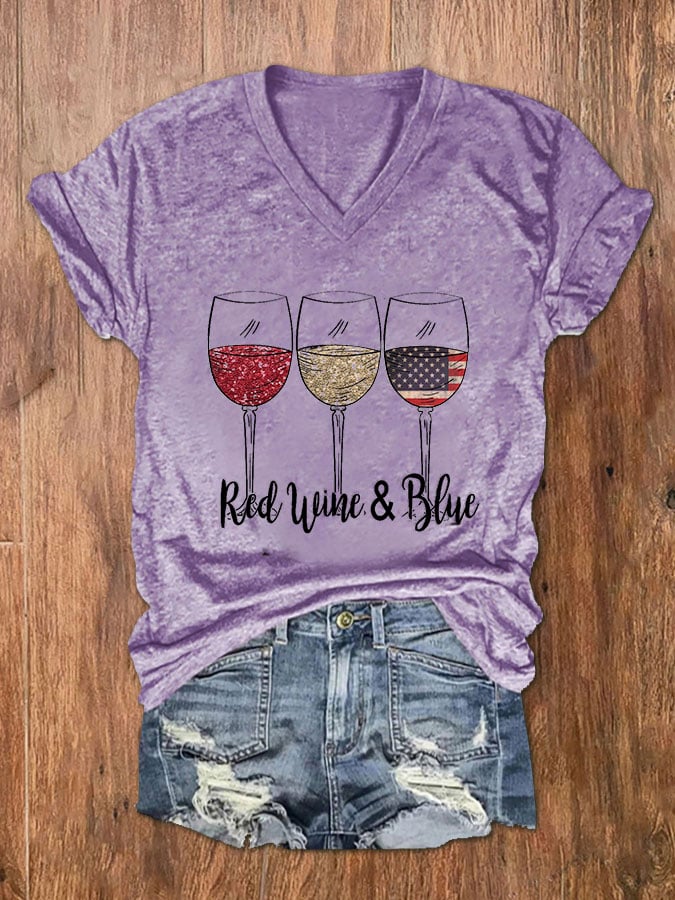 Women's Red Wine Blue Red Wine Glass Flag Print V-Neck Basic T-Shirt