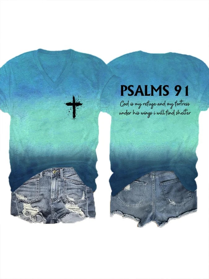 Women's Psalms 91 Bible Verse Printed V-Neck T-Shirt