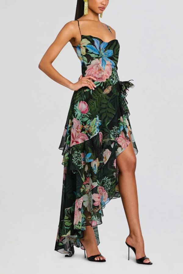 Vacation Floral Print Spaghetti Strap Backless Asymmetrical Ruffle Maxi Dress