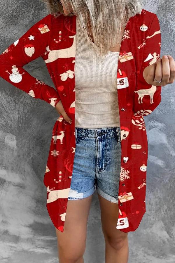 Women's Christmas Printing Fashion Button Long Sleeve Cardigan