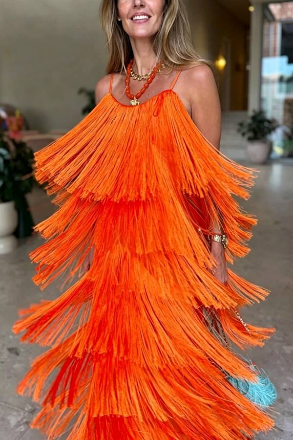 Dynamic Beauty Layered Tassel Design Back Tie-up Maxi Dress