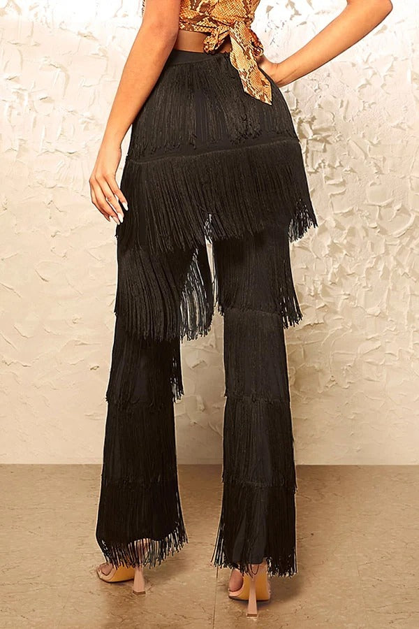 Calista Tiered Tassels Trim Elastic Waistband Flare Leg Pants
