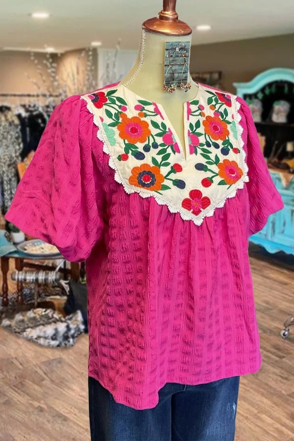 Textured Floral Embroidered Puff Sleeve Top