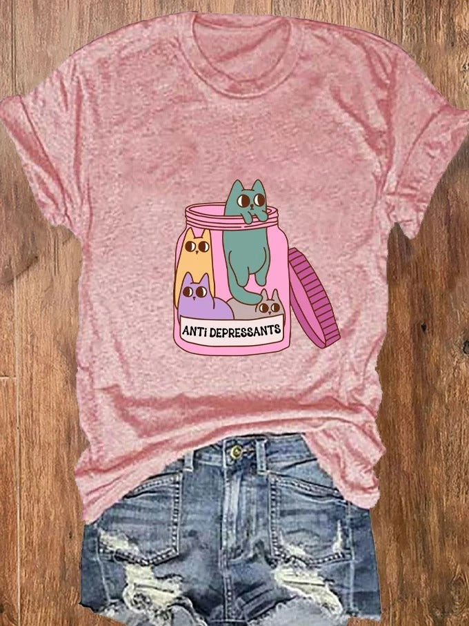 Women's Fun Cat Anti Depressants Mental Health Print T-Shirt