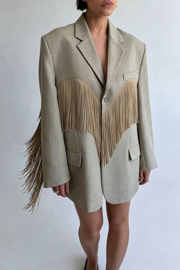 Dynamic and Stylish Heart-shaped Tassel Pattern Trim Long Sleeve Lapel Oversized Blazer Coat