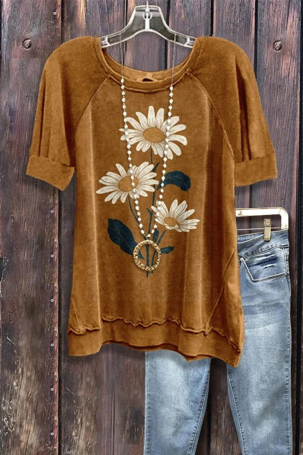 Daisy Flower Print Short Sleeve Top