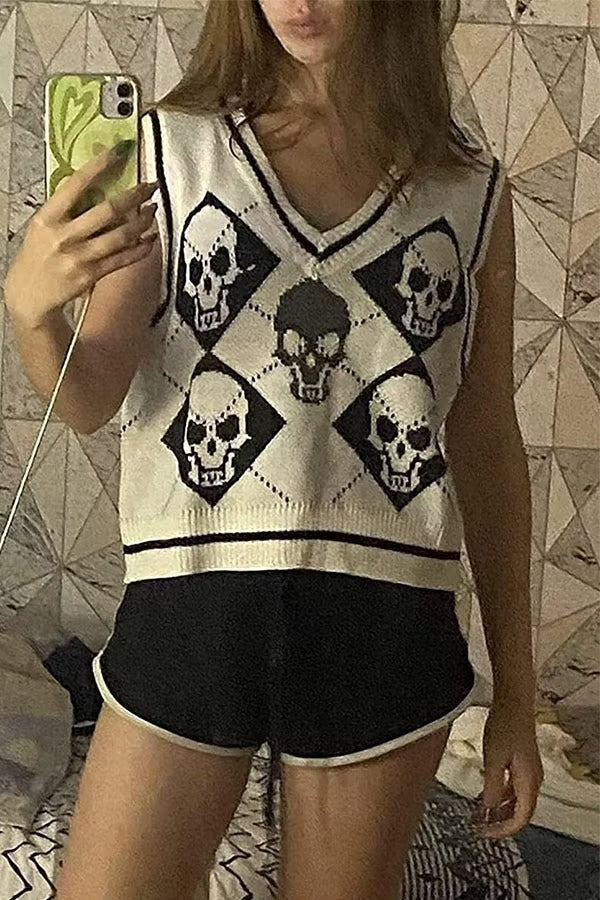 Halloween Skull Argyle Knit Sweater Vest