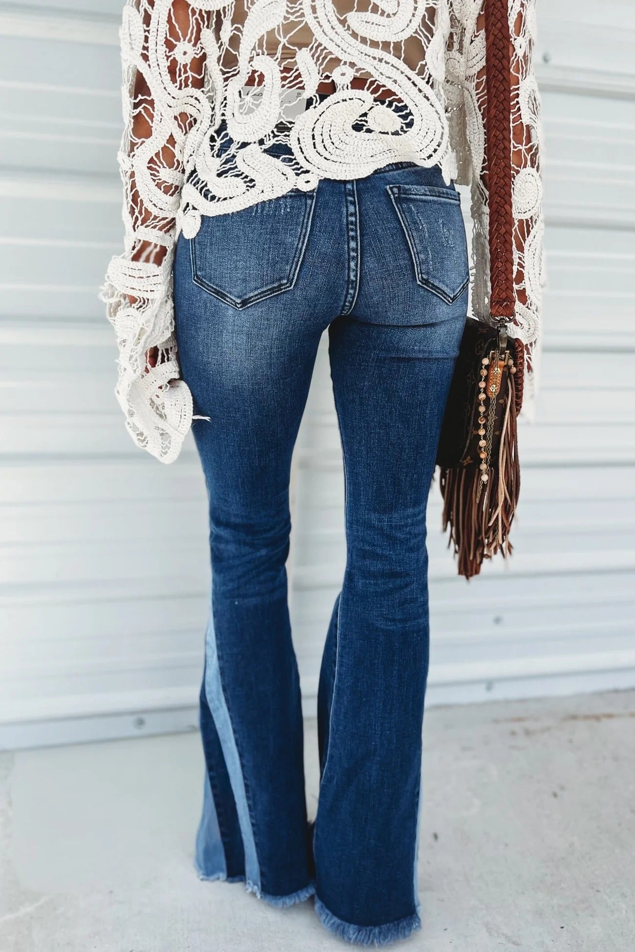 Color Block Fringe High Waist Flare Jeans