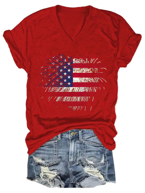 Women's Independence Day Fireworks Flag Print T-Shirt