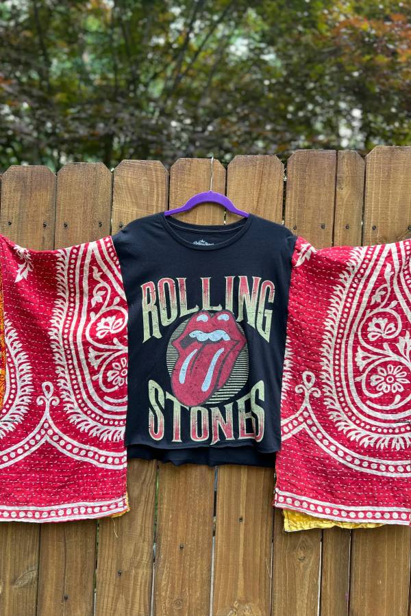 Rolling Stones Patchwork Kimono Sleeve Graphic Top