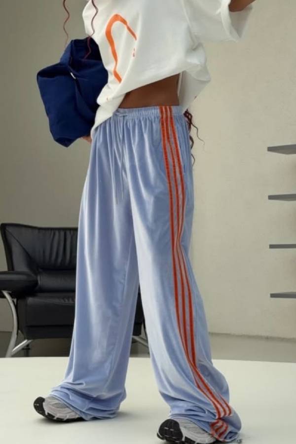 Velvet Wide Leg Pants with 3 Side Stripes