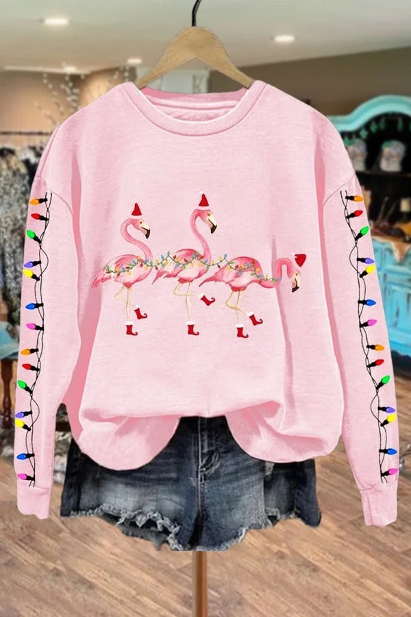 Christmas Flamingo Print Crewneck Sweatshirt