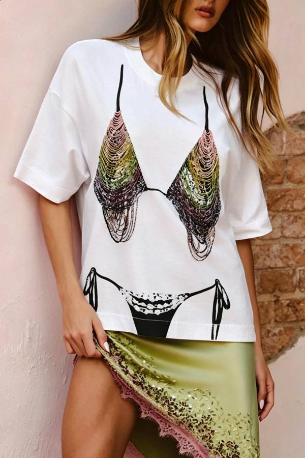 Nashville Night Out Colorful Tassel Bikini Fun Pattern Loose-fitting T-shirt