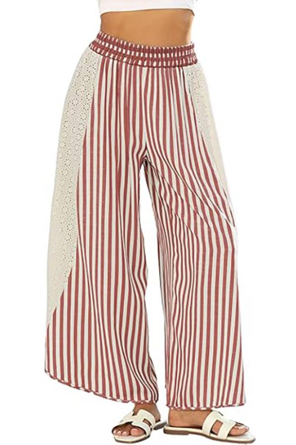 Striped Eyelet Patch Elastic Waist Vacation Wide Leg Cropped Pants