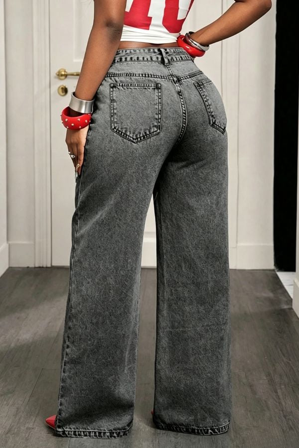 Sense of Design Denim Wrap Button Waist Pocketed Wide Leg Jeans