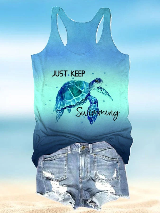 Women's Vacation Turtle Print Casual Crew Neck Tank Top