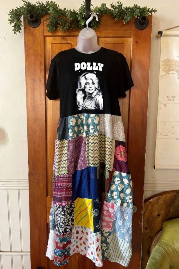 Dolly Parton Black Portrait Patchwork Midi Dress