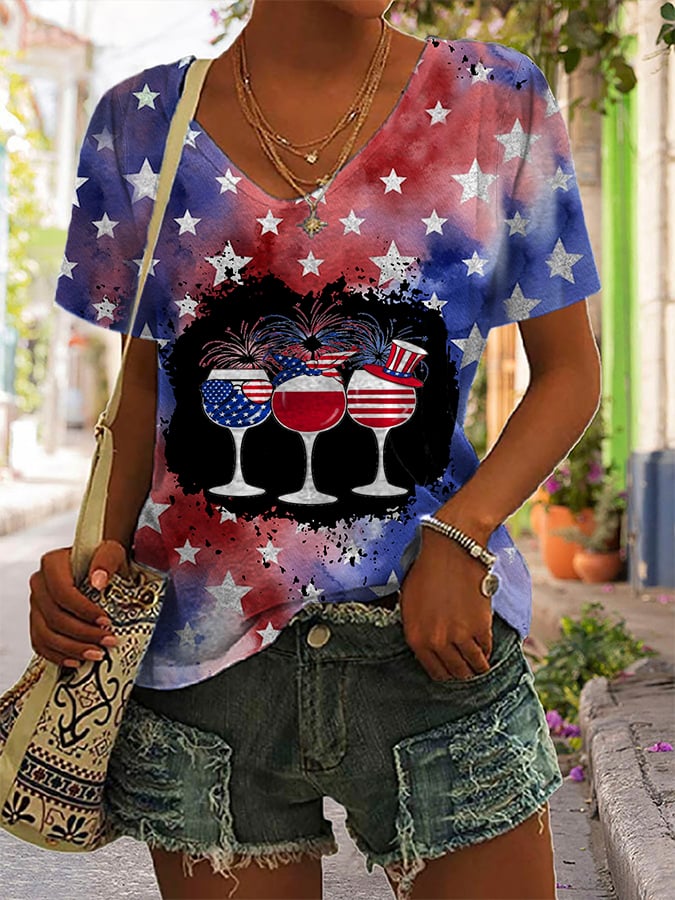 women's star wine glass print v-neck short-sleeved t-shirt