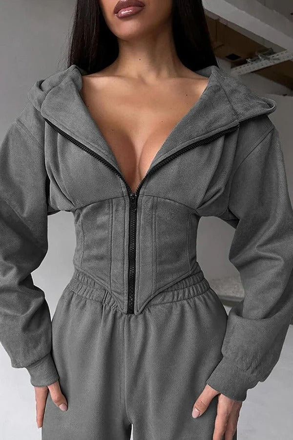 Solid Color Waist Corset Hooded Sweatshirt Jacket and Elastic Waist Athletic Jogger Pants Set