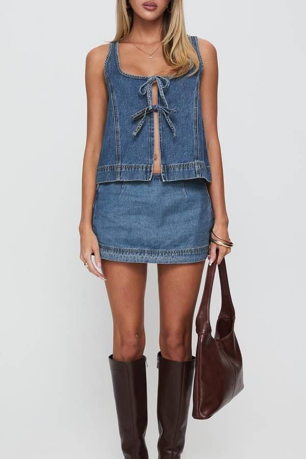 Denim Tie‑Front Vest & Mini Skirt Two‑Piece Set
