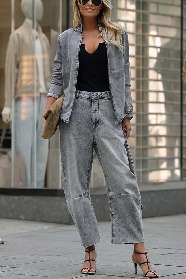 Casual Meetup Washed Denim Mid Rise Pocketed Barrel Jeans