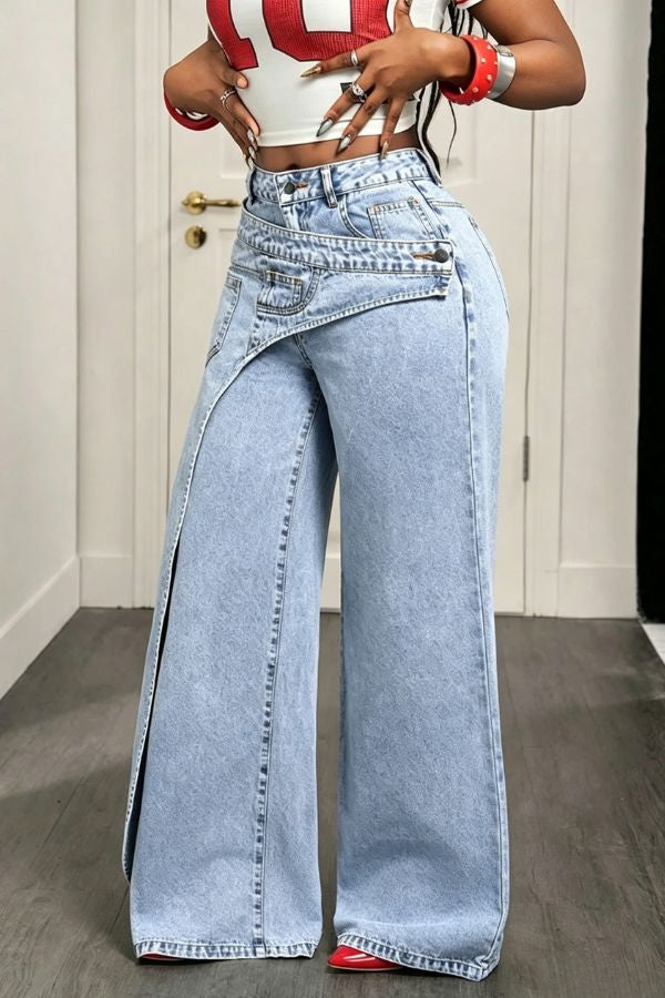 Sense of Design Denim Wrap Button Waist Pocketed Wide Leg Jeans