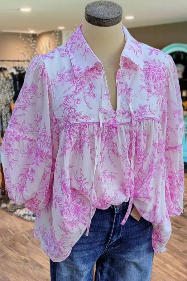 Floral Print Tie Collare Babydoll Blouse