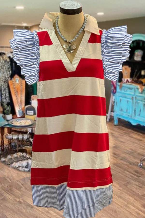 Striped Collared V-Neck Ruffle Sleeve Dress