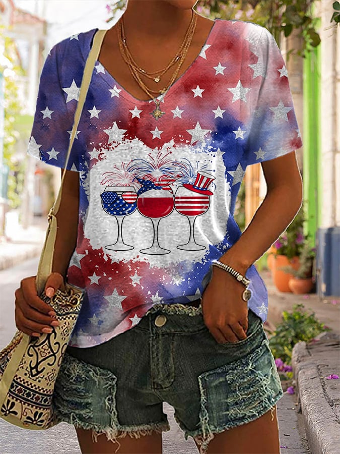 women's star wine glass print v-neck short-sleeved t-shirt