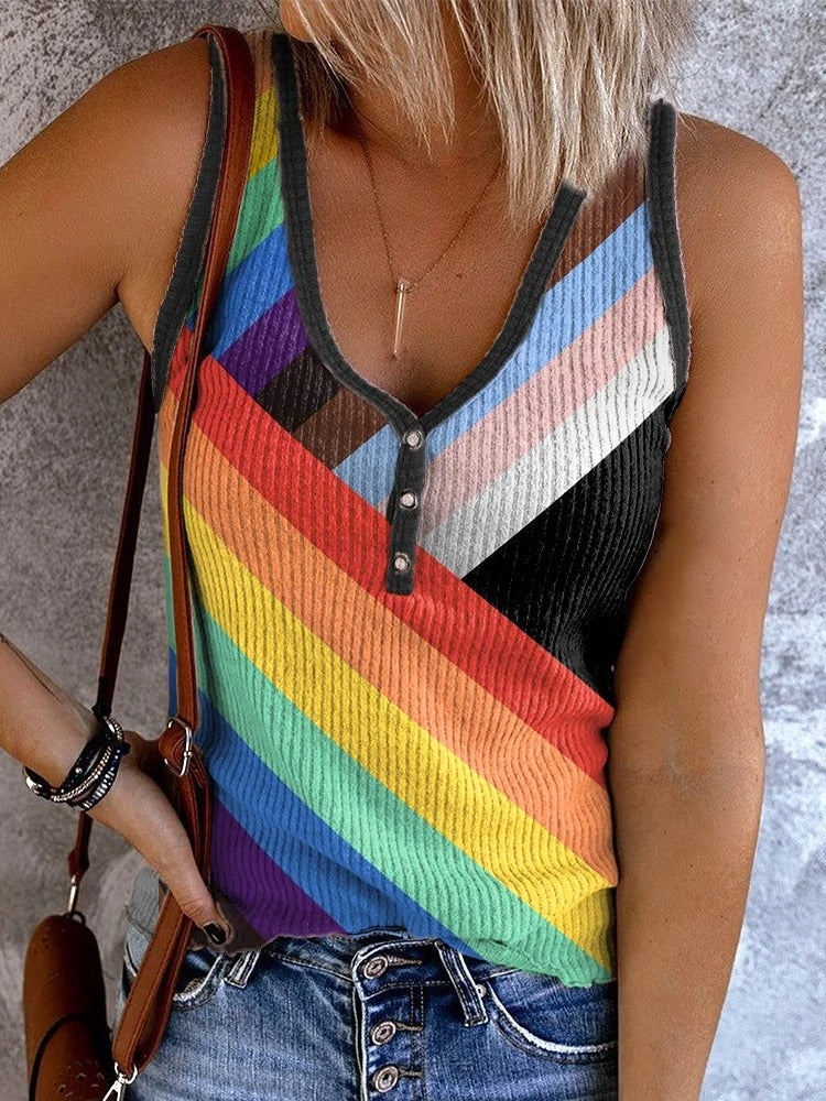 Women's Pride Month Rainbow Art Print Button V Neck Vest
